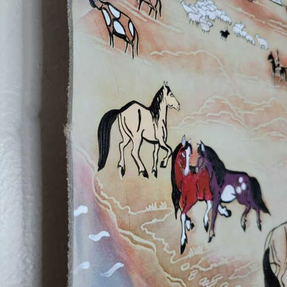 Hand Painted Leather Wall Art Horses Mongolian Landscape Wood Western Carved - Picture 10 of 16